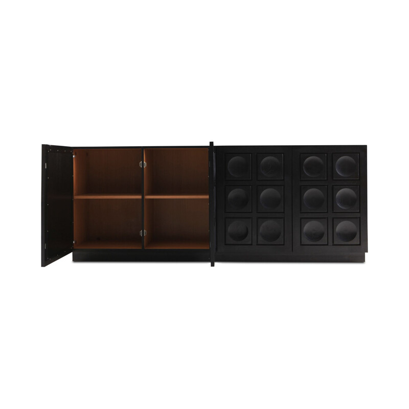 Vintage brutalist ebonized in oak credenza with geometrical doors