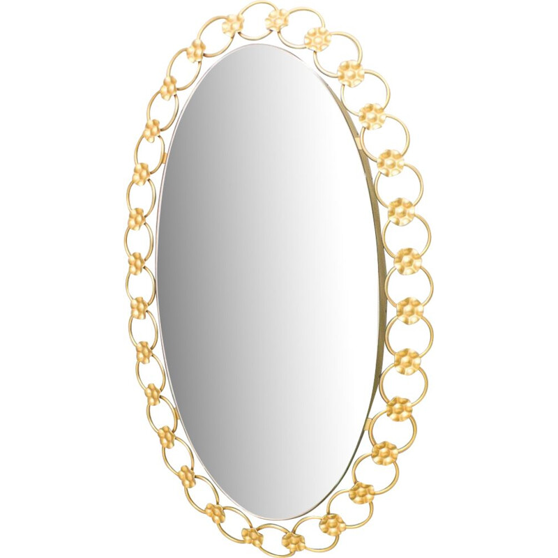 Specchio ovale illuminato vintage con anelli in metallo dorato