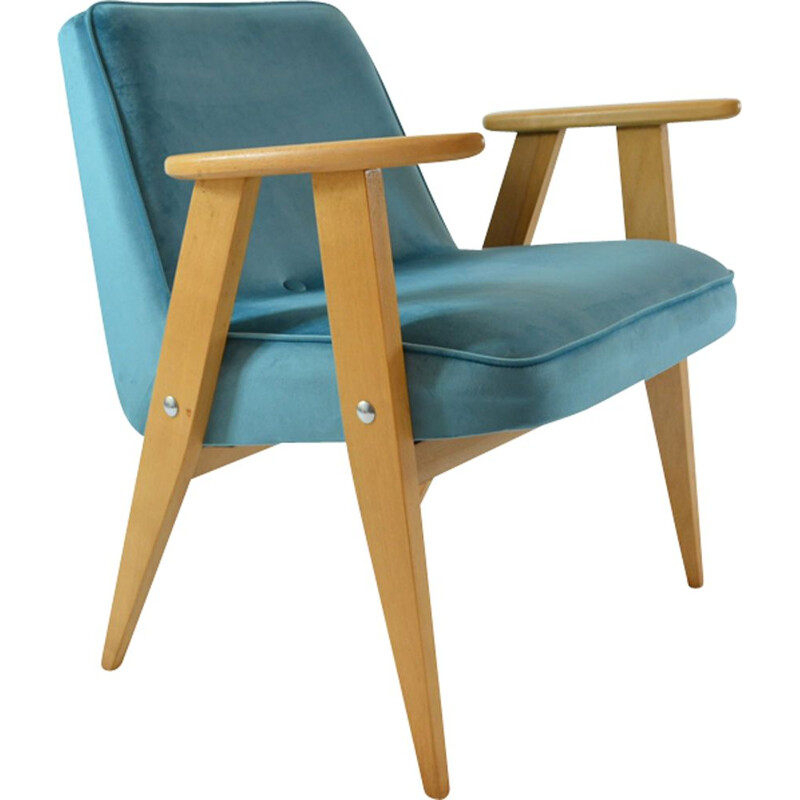 Fauteuil 366 en velours bleu par Chierowski