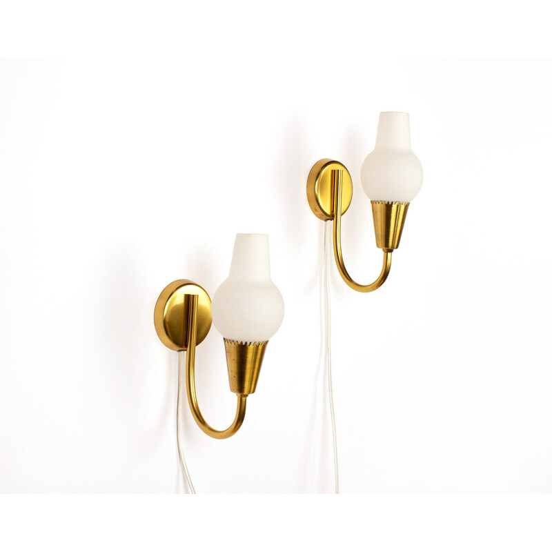 Set of 2 vintage Danish brass and opal glass wall lamps