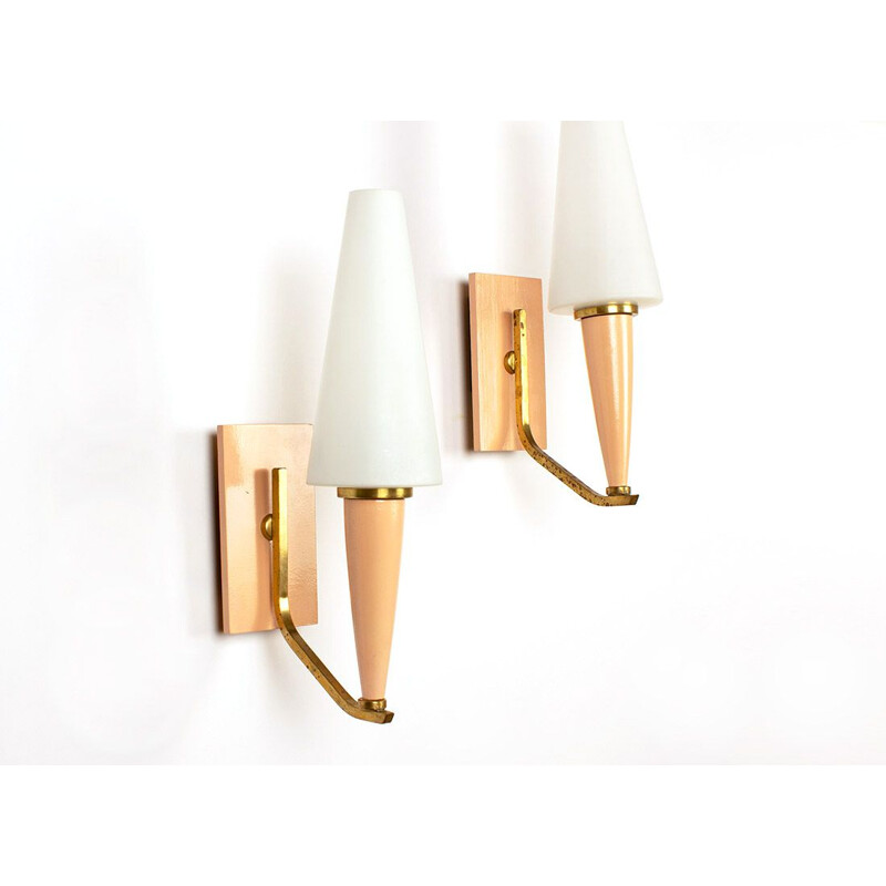 Set of 2 vintage nude pink wall lamps with opaline glass and brass