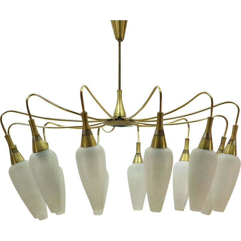 Vintage chandelier in brass and white glass