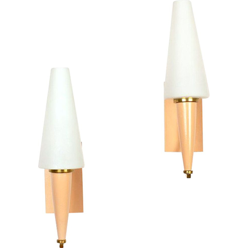 Set of 2 vintage nude pink wall lamps with opaline glass and brass