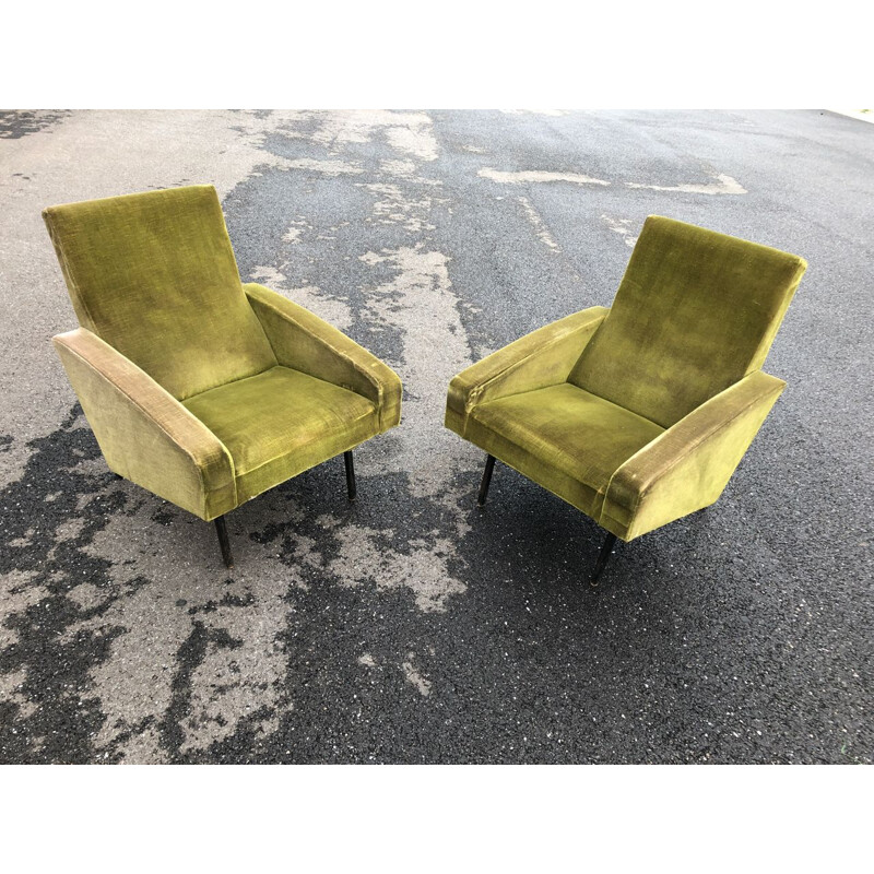 Pair of green velvet chairs by ARP