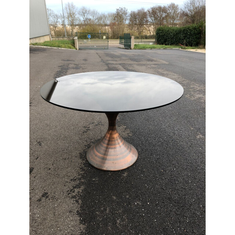 Table ronde vintage avec plateau en verre fumé