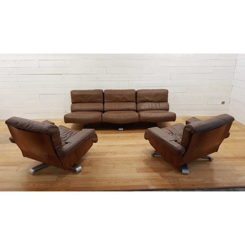 Living room set in rosewood and leather by Tito Agnoli
