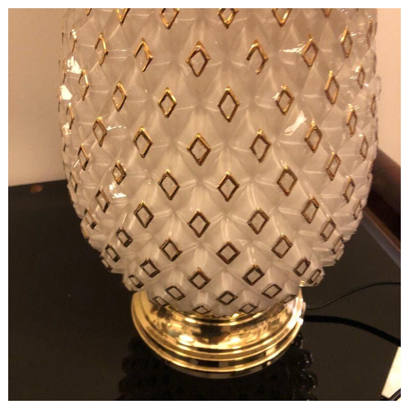 Vintage Italian table lamp "pineapple" in brass and white glass