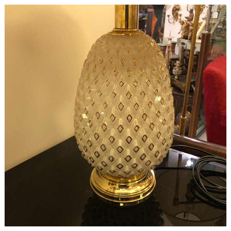 Lampe vintage italienne "Ananas" en laiton et verre blanc