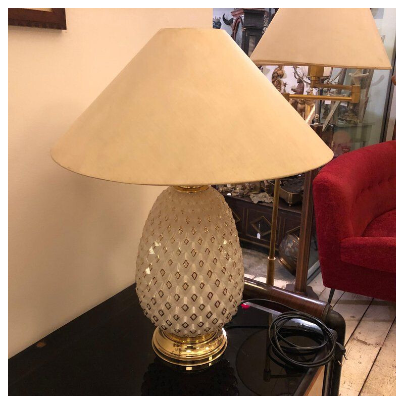 Vintage Italian table lamp "pineapple" in brass and white glass