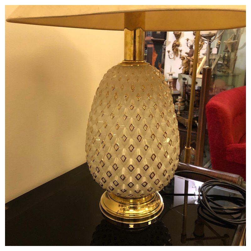 Vintage Italian table lamp "pineapple" in brass and white glass