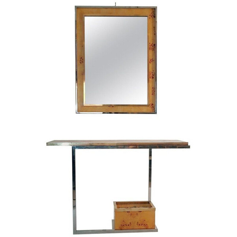 Vintage console and mirror in burl wood, chrome and brass