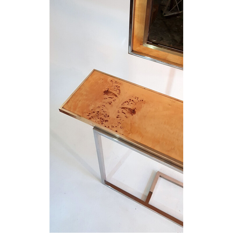 Vintage console and mirror in burl wood, chrome and brass