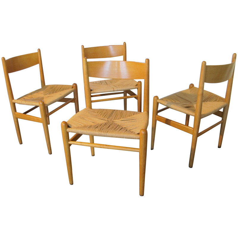 Set of 4 CH36 dining chairs in wood and woven rope, Hans WEGNER - 1960s