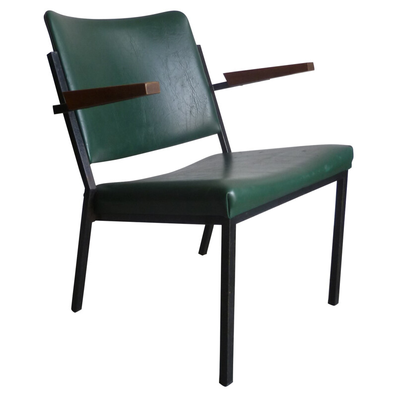Vintage armchair in green leatherette, steel and wood, W.H. GISPEN - 1960s