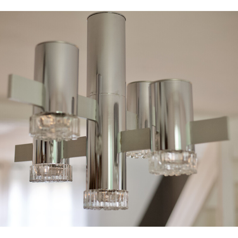 Vintage Italien chandelier in chrome and glass by Gaetano Sciolari