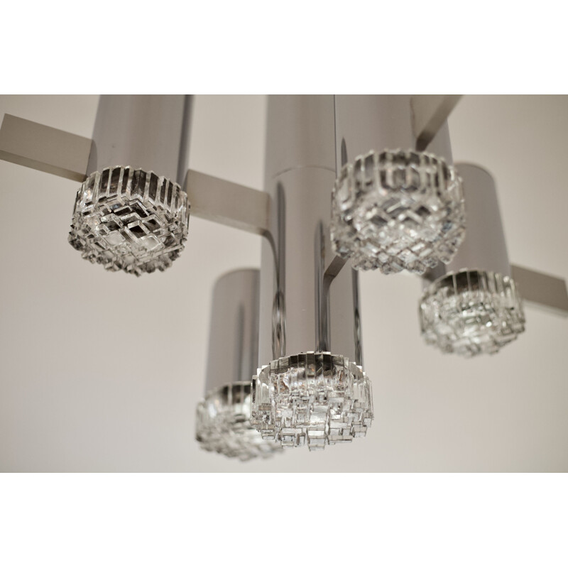 Vintage Italien chandelier in chrome and glass by Gaetano Sciolari