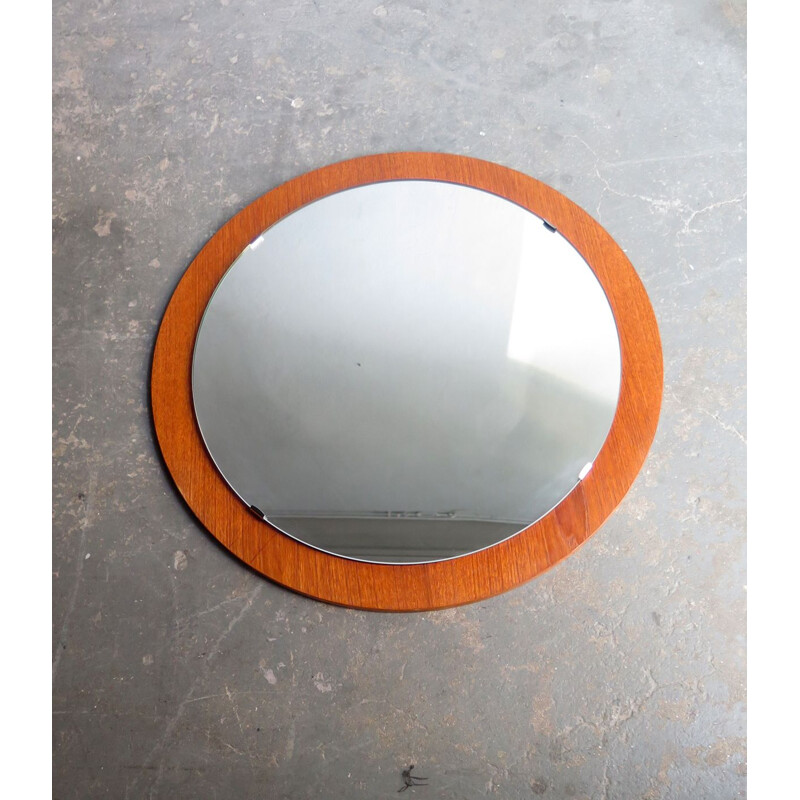 Vintage round mirror in teak veneer