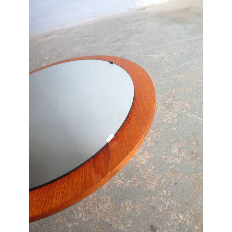 Vintage round mirror in teak veneer