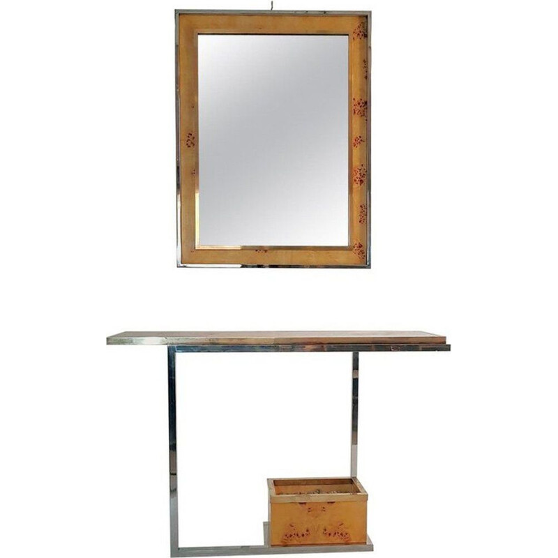 Vintage console and mirror in burl wood, chrome and brass
