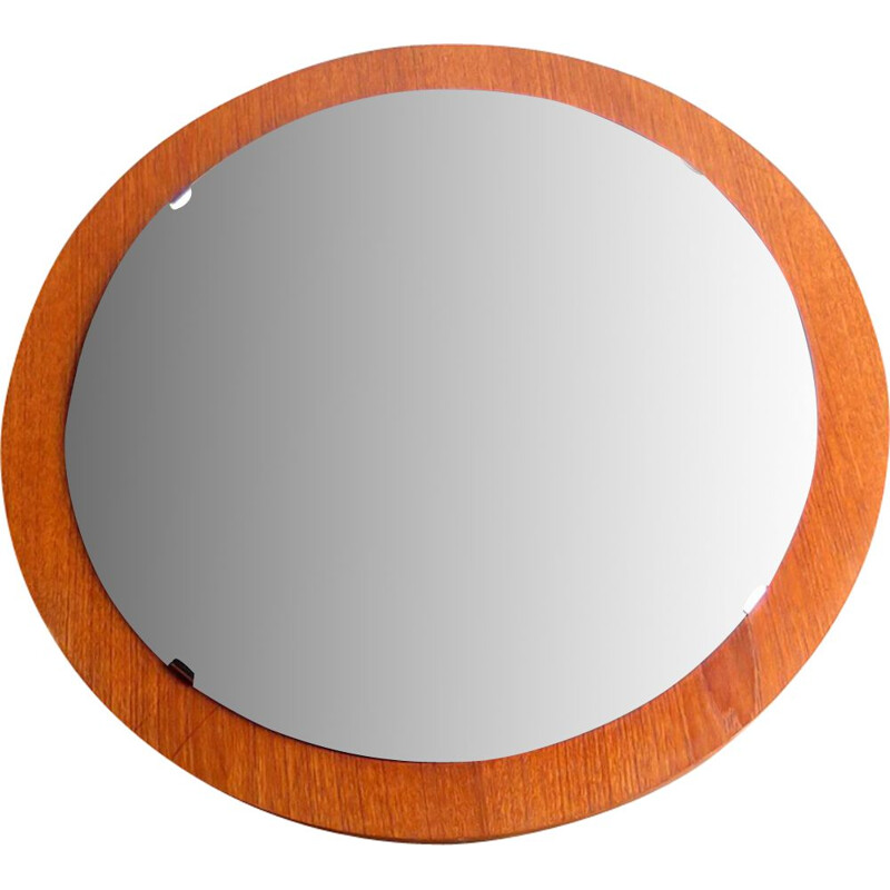 Vintage round mirror in teak veneer