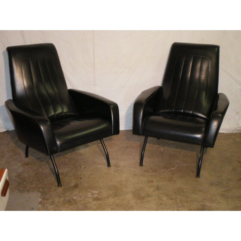 Set of 2 vintage French armchairs in black leatherette