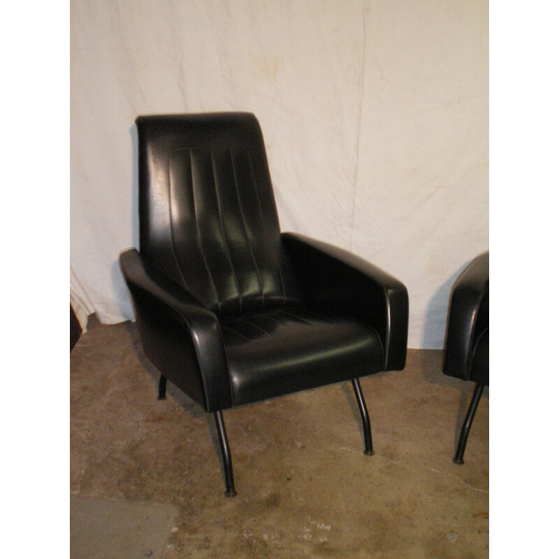 Set of 2 vintage French armchairs in black leatherette