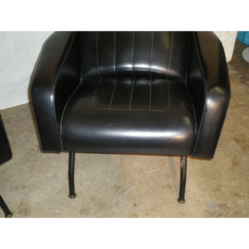 Set of 2 vintage French armchairs in black leatherette