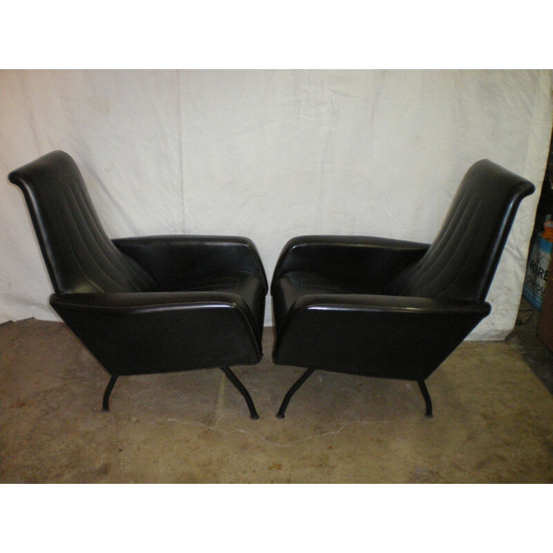 Set of 2 vintage French armchairs in black leatherette