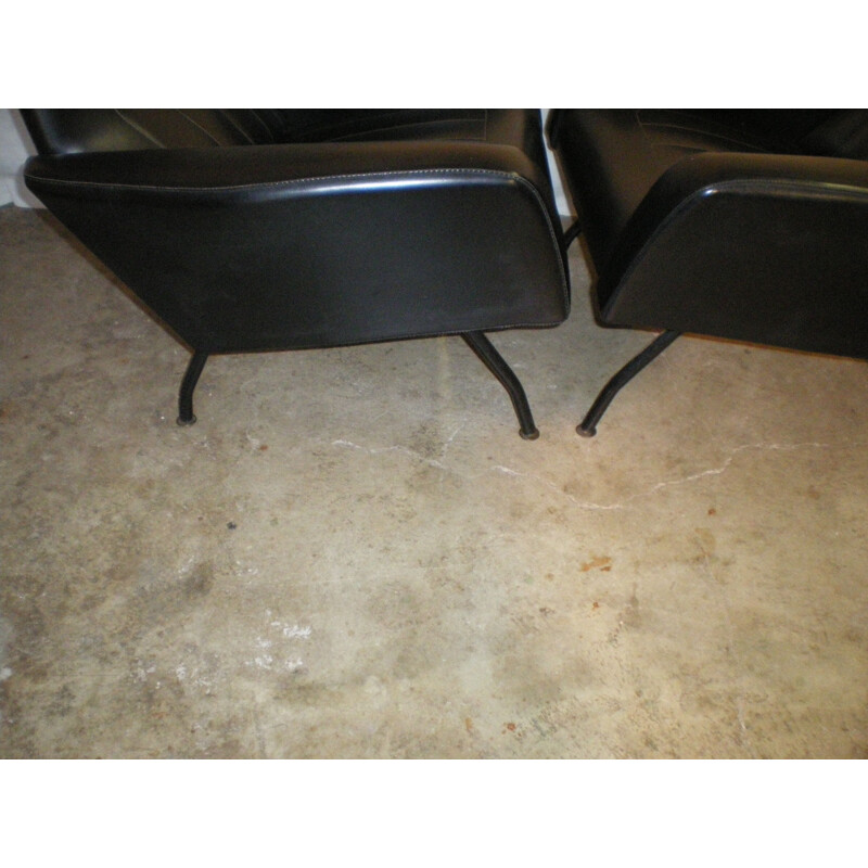 Set of 2 vintage French armchairs in black leatherette