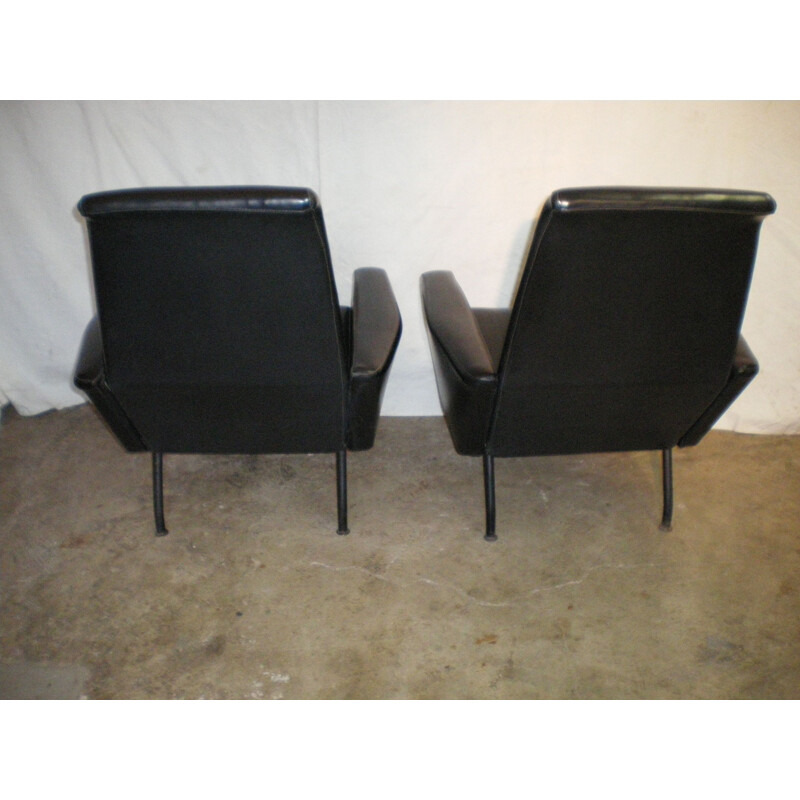 Set of 2 vintage French armchairs in black leatherette