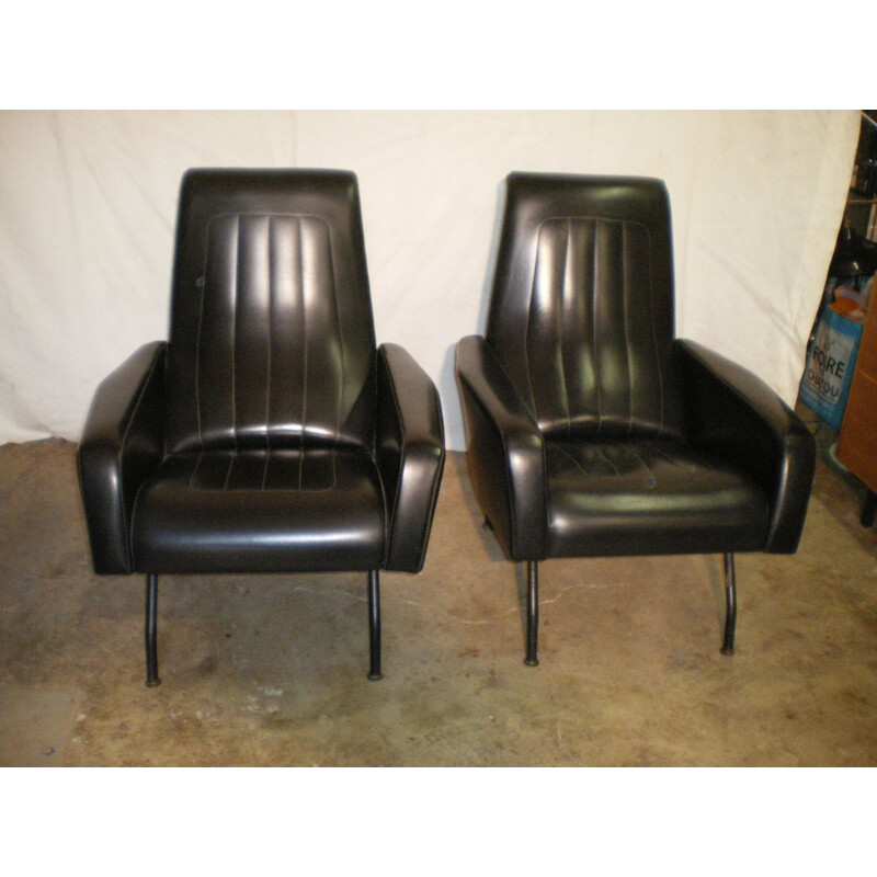 Set of 2 vintage French armchairs in black leatherette