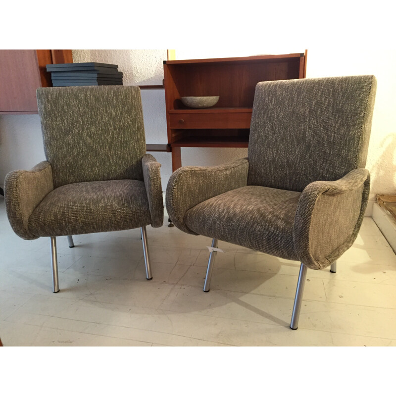 Pair of Italian armchairs in metala dn grey fabric - 1960s