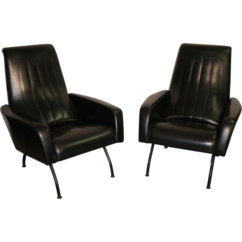 Set of 2 vintage French armchairs in black leatherette