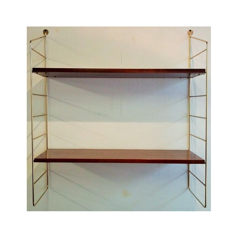 Vintage wall shelf in wood and brass