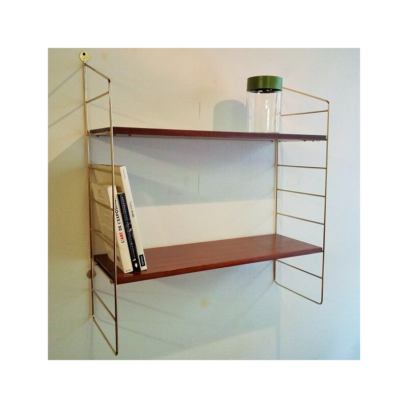 Vintage wall shelf in wood and brass