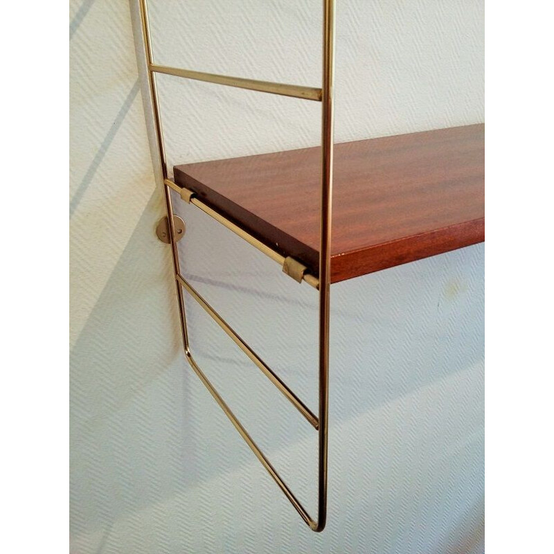 Vintage wall shelf in wood and brass