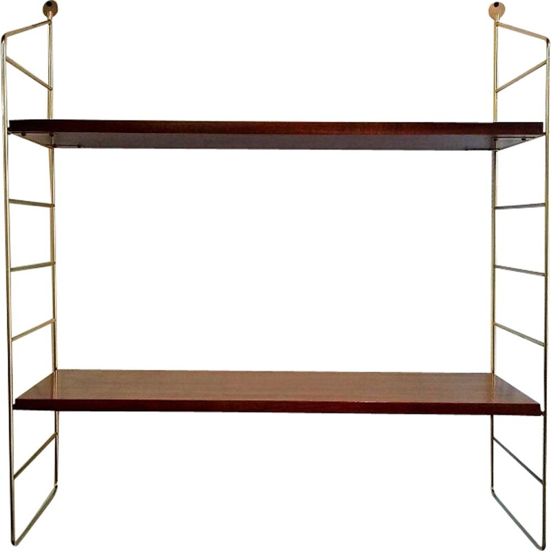 Vintage wall shelf in wood and brass