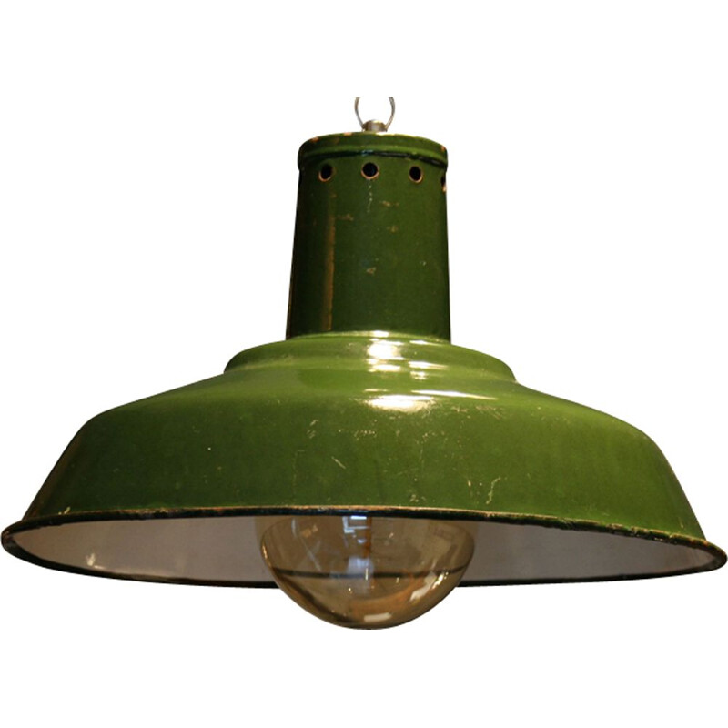 33 Mi" lâmpada suspensa de chapa de aço verde industrial, 1960