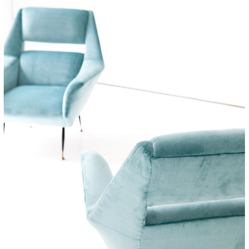 Pair of armchairs in turquoise velvet by Gigi Radice for Minotti
