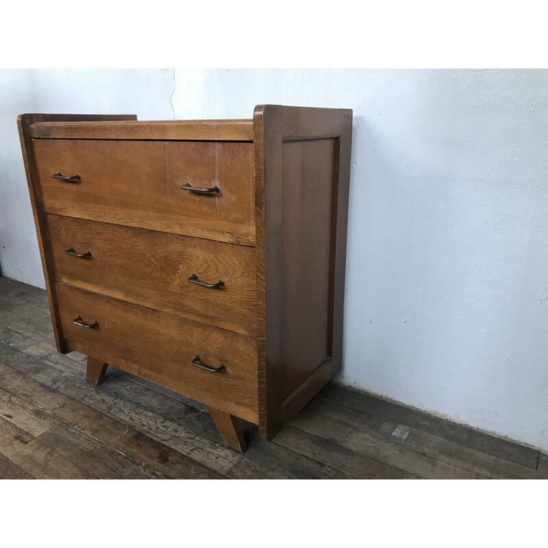 Vintage chest of drawers in light oak with compass legs