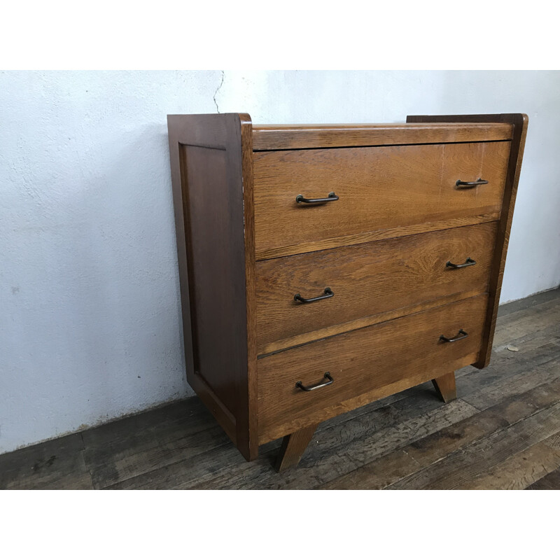 Vintage chest of drawers in light oak with compass legs