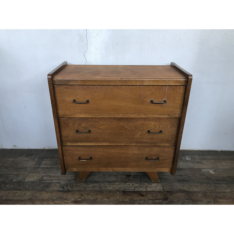 Vintage chest of drawers in light oak with compass legs