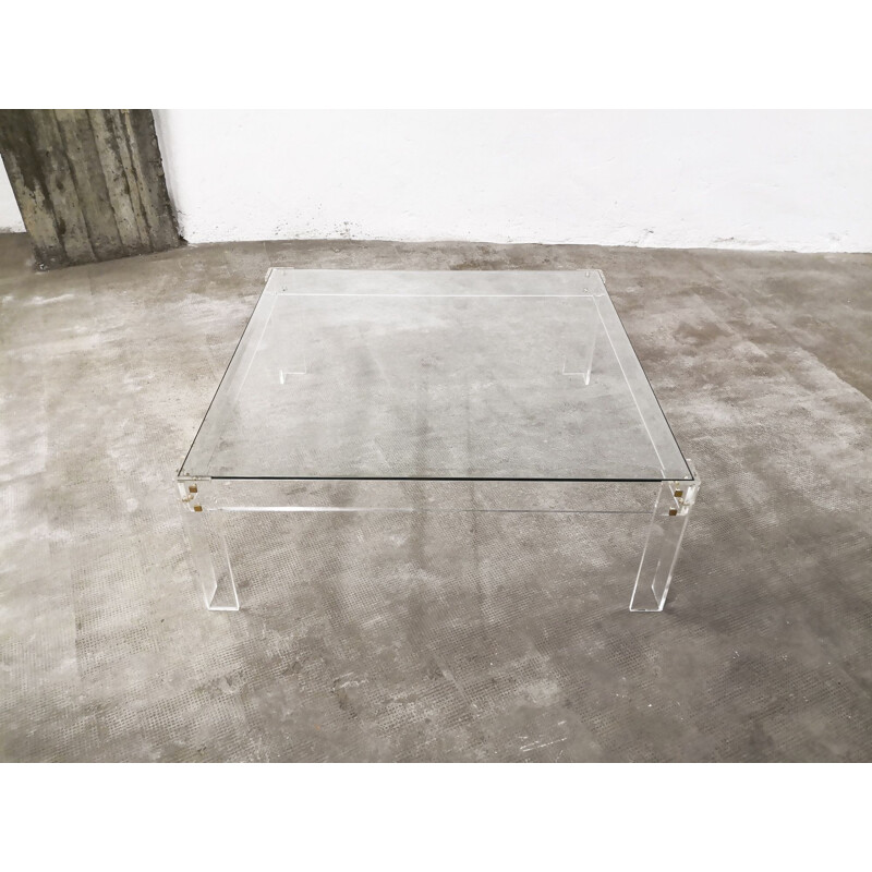 Vintage large coffee table in acrylic glass and brass