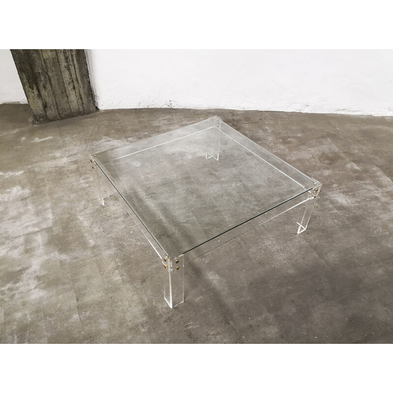 Vintage large coffee table in acrylic glass and brass