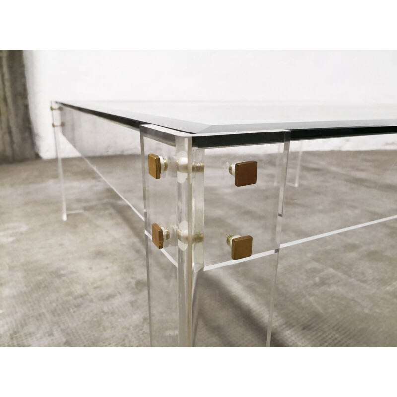 Vintage large coffee table in acrylic glass and brass