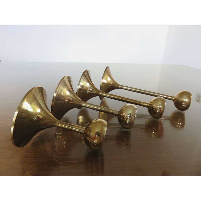 Suite of 4 vintage scandinavian candlesticks in brass 1970