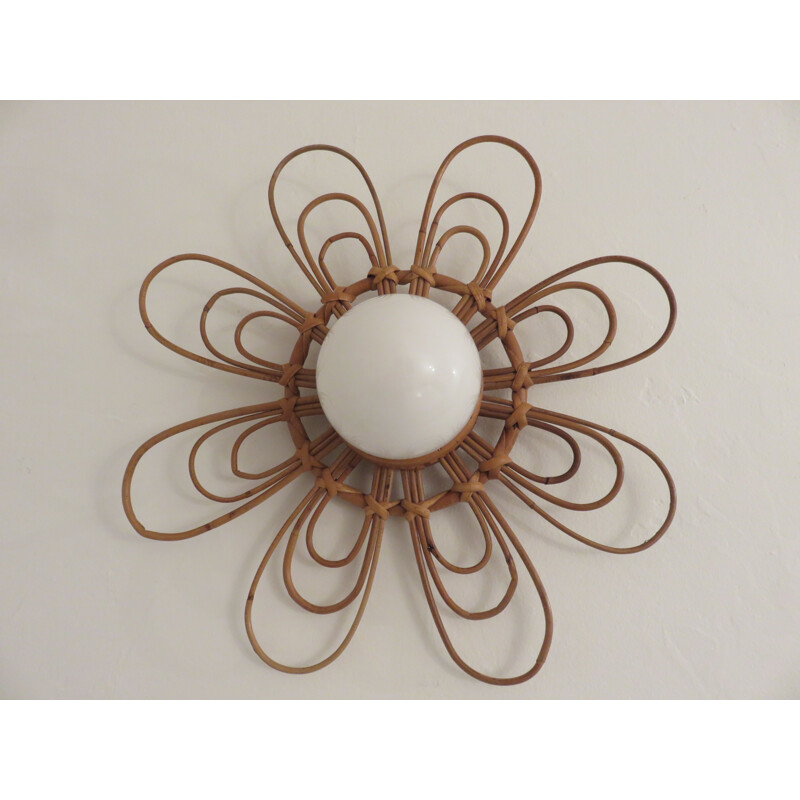 Vintage rattan and white opaline flower wall lamp 1960