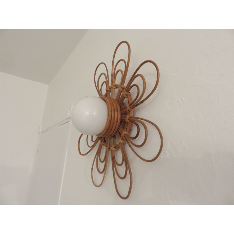 Vintage rattan and white opaline flower wall lamp 1960