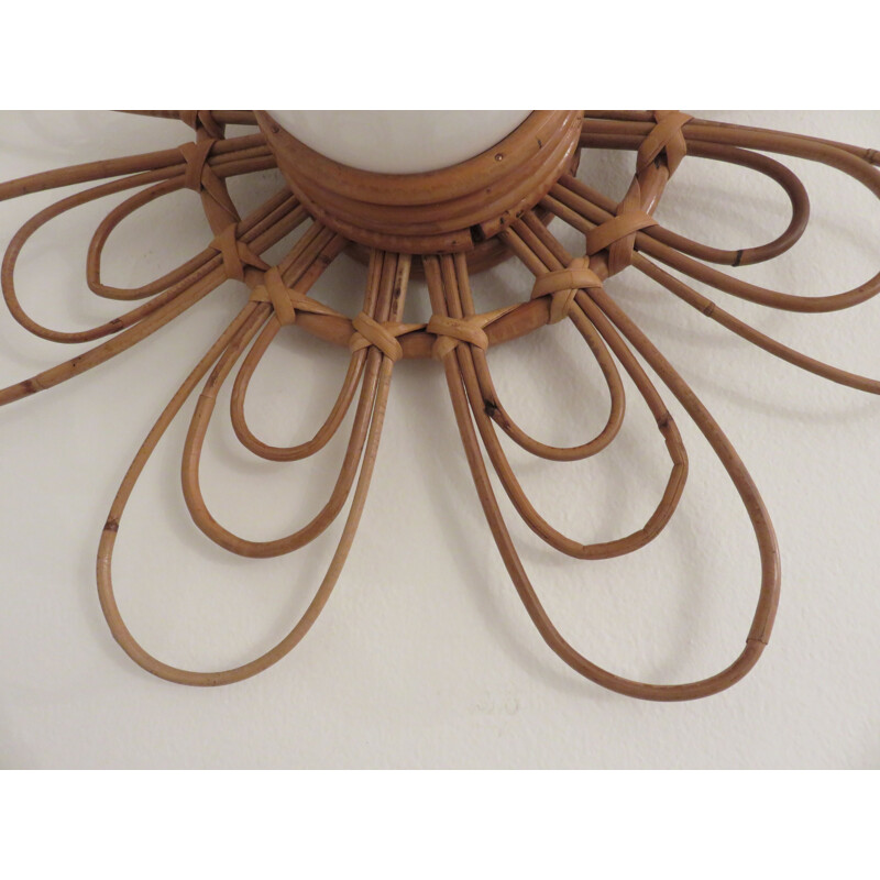 Vintage rattan and white opaline flower wall lamp 1960