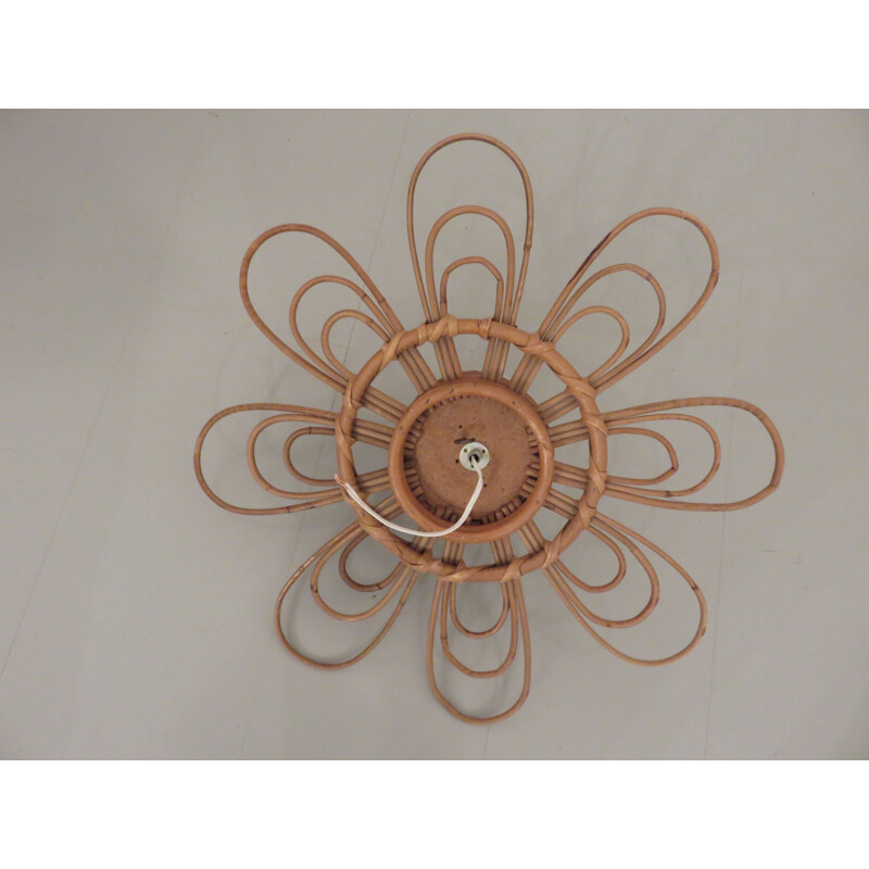 Vintage rattan and white opaline flower wall lamp 1960